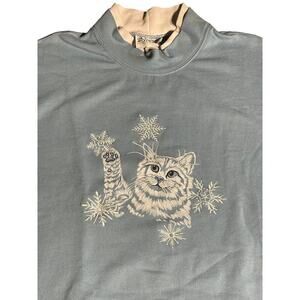 VINTAGE Kitty Cat Snow Flake Christmas Winter Sweater. Light blue/White XL